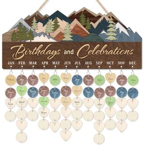 TOARTi Woodland Themed Family Birthday Calendar Wall Hanging(15.7''x7'') with 100 pcs Tags, DIY Rustic Birthday Celebration Reminder Board, Celebration Calendar Tracker Wooden Plaque for Home Office
