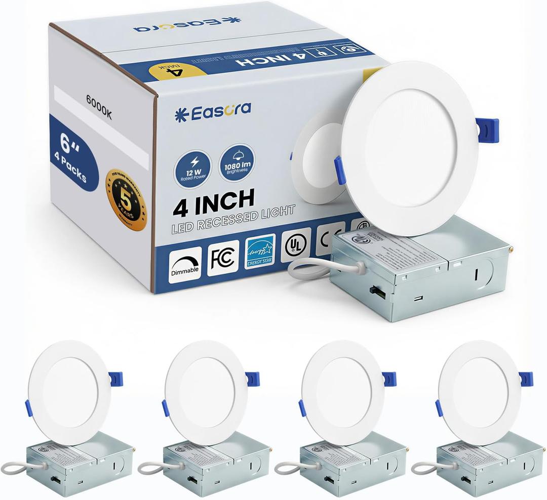Recessed Lighting 4 Inch 4Packs, 6000K Anti-Glare LED Can Lights, 9W 750LM High Brightness Dimmable Recessed Lights, Easy-to-Install Wafer Light with Junction Box, ETL & FCC & IC