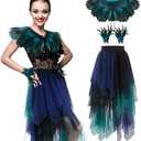 Sintege 3 Pcs Mardi Gras Women's Peacock Costume Set Gothic Natural Feather Shawl Wrist Bracelet Multi-layered Tulle Skirt Witch Shawl Carnival Costumes