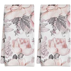 Pink Flowers and Leaves Watercolor Floral Hand Towels for Bathroom Set of 2,Absorbent Waffle Weave Kitchen Towels,Decorative Modern Bathroom Towel for Bath,Guest,Shower 16 X 24 Inch