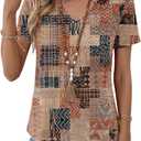 Kistore Womens Summer Tops Short Sleeve V Neck Casual Shirts Beach Vacation Dressy Work Blouses (Brown, S)