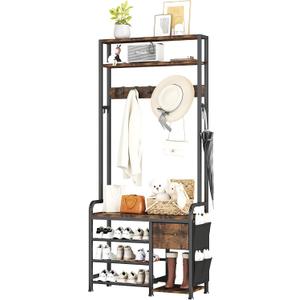 Homeiju Hall Tree with Bench and Shoe Storage, 3-in-1 Entryway Organizer with 6+2 Hooks, Coat Rack with Adjustable Feet for Stability, Mudroom Furniture with Storage Shelf