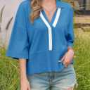 Saodimallsu Womens Short Sleeve Sweater Tops V Neck Collared Oversized Color Block Casual Summer Knit Polo Shirts (Blue, M)
