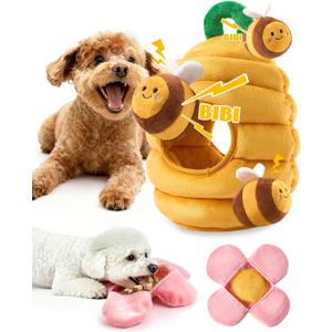 BurgeonNest Dog Toys for Small Dogs,Interactive Plush Squeak Puzzles Chewers to Keep Them Busy,1 Beehive 3 Squeaky Bees,2 Treat Petals,Puppy Xmas Present