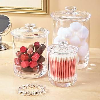 Mini Glass Apothecary Jars, Bathroom Storage Organizer Canisters for Cotton Swabs, Cotton Balls, Makeup Sponges, Bath Salts, Hair Ties, Makeup - Set of 4, Acrilic
