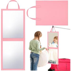Foldable Portable Full Length Mirror with Handle for Dance Backstage Camping Travel Hanging Folding Makeup Body Mirror for Dancers Artists Aestheticians Home Spa(Pink,33.5" X 13.4")