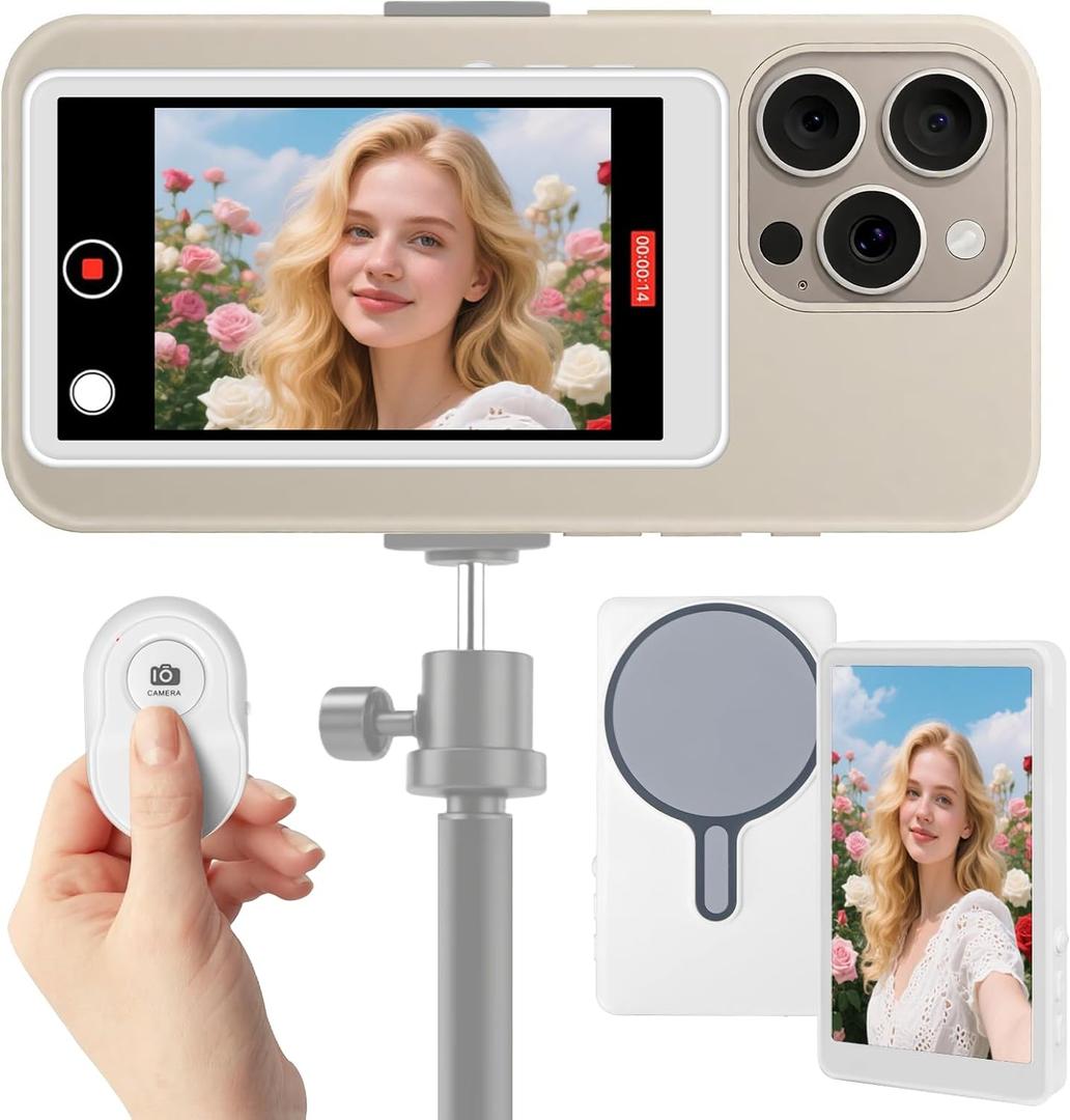 5" Upgraded Phone Vlog Selfie Monitor Screen, Back Camera Monitor with Magnetic Phone Clip, Low Latency, Remote Control, Compatible with iPhone & Android for Live Streaming TikTok