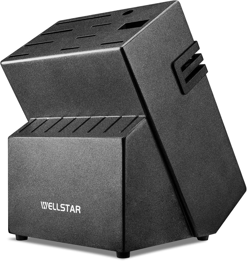 18-Slot Kitchen Knives Block, WELLSTAR Large Capacity Natural Wooden Knife Holder without Knives  Modern Hard Wood Counter-top Knife Storage with Built-in 2-Stage Knife Sharpener - Black