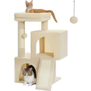 PAWZ Road Cat Tree, 30 Inches Cat Tower with Dual Condos for Indoor Cats, Plush Cat House with Padded Perch, Scratching Ramp and Posts and Replaceable Balls, Beige