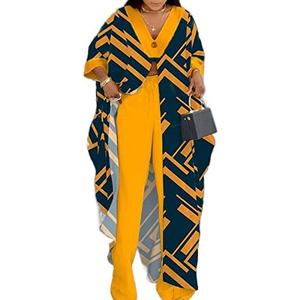Women African 2 Piece Outfits Button V Neck Long Plus Size Split Caftans Wide Leg Pants Sets, Size: XXL Women African 2 Piece Outfits Button V Neck Long Plus Size Split Caftans Wide Leg Pants Sets, Size: XXL