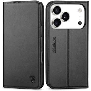 SHIELDON Wallet Case for iPhone 17 Pro 6.3" 2025 | Genuine Leather | Flip Magnetic Cover | RFID Blocking Credit Card Holder | Kickstand | Soft Shock-Absorbent Interior Shell | Black