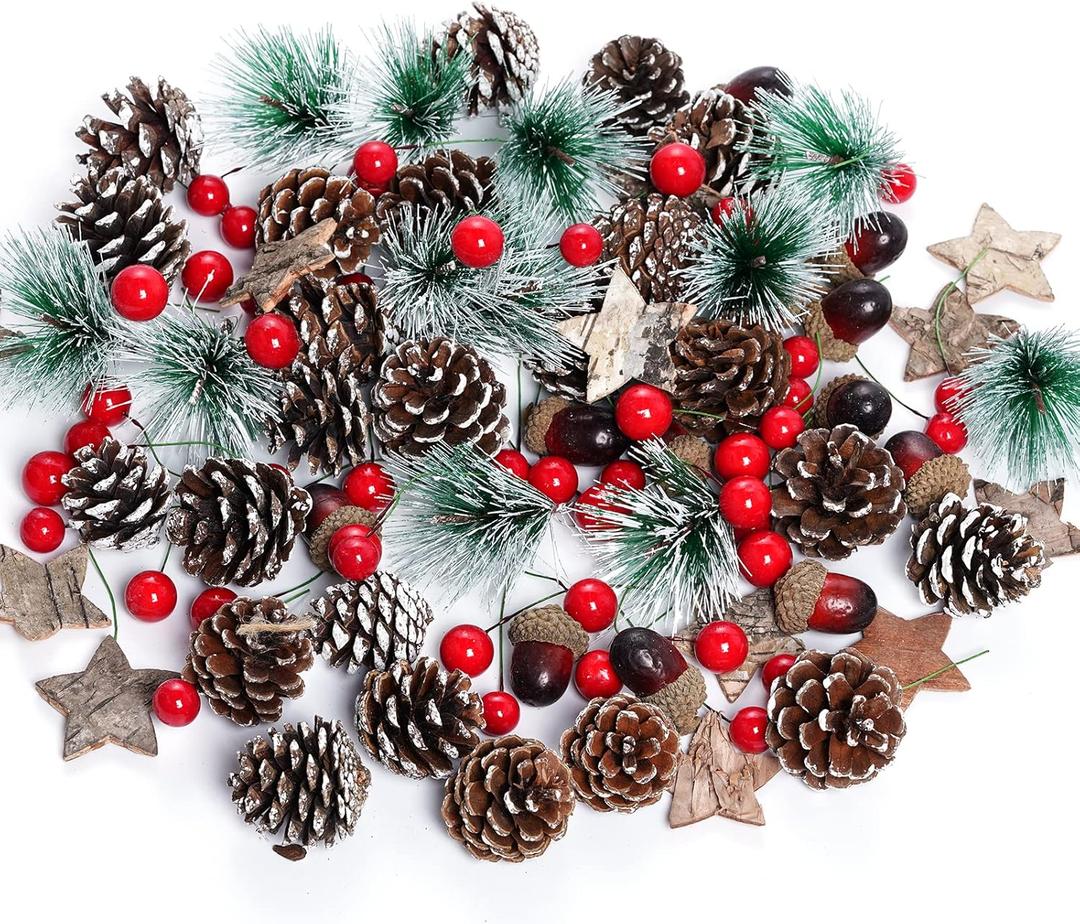 cnomg 108pcs Artificial Pine Cones Pine Branch Set, Fake Natural Pinecones Acorns Red Berries Christmas Decor Ornaments for Home Winter Decorations (108, Multicolor)