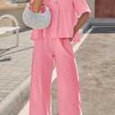 Tankaneo Womens 2 Piece Linen Sets Summer Vacation Outfits V Neck Puff Sleeve Babydoll Tops Wide Leg Pants Matching Sets (Pink, M)