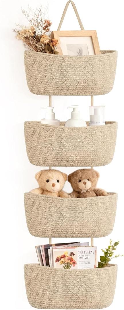 Dahey Over The Door Hanging Basket 4-Tier Woven Boho Wall Mounted Storage Organizer with Hooks for Bedroom Nursery Bathroom Apartments Dorm Pantry Decor, Jute