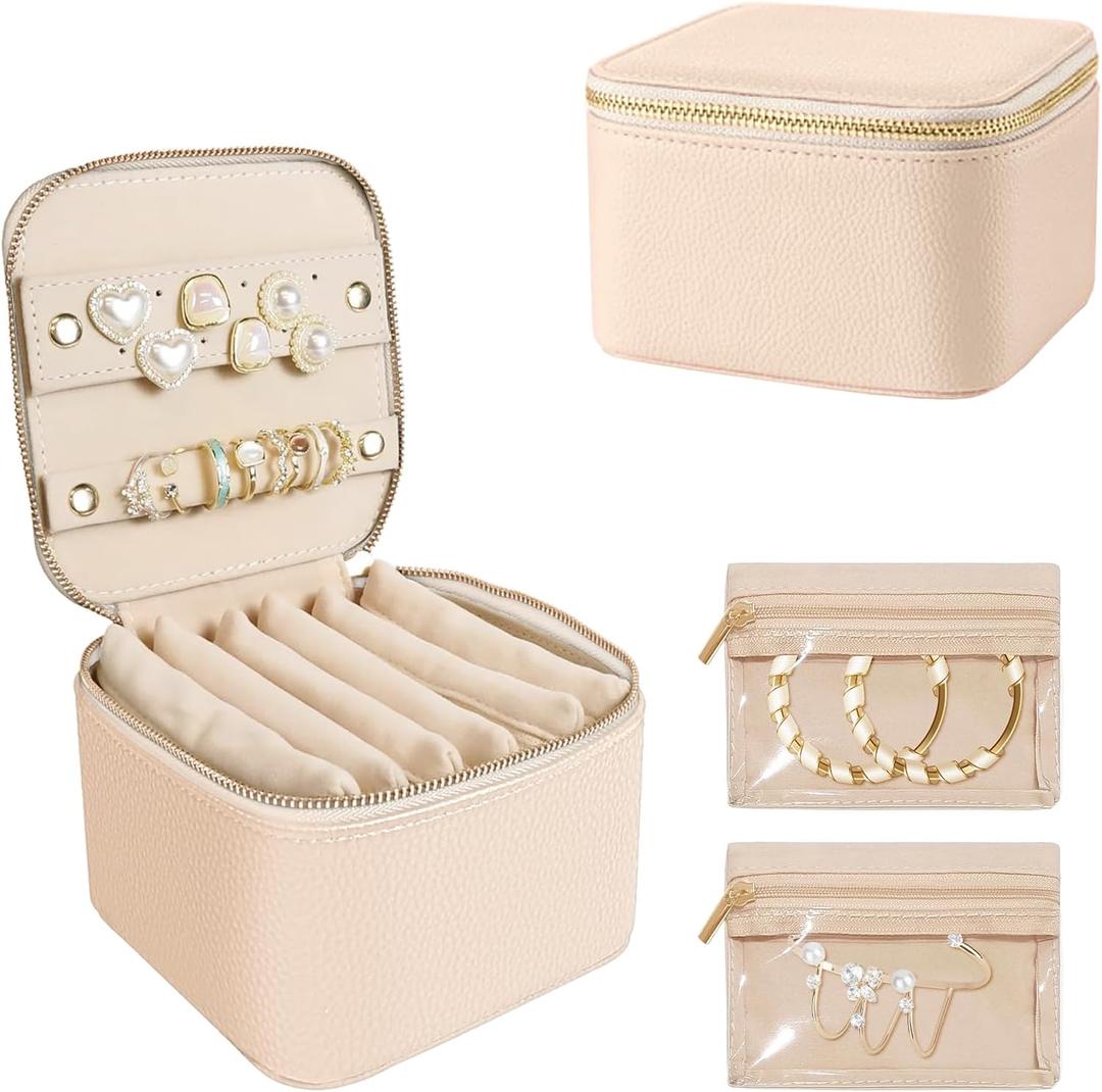 WOOMADA Travel Jewelry Case, Portable Jewelry Box with 6 Velvet Jewelry Zipper Pockets, Gift Idea for Women (Beige)