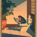 Funny Frog Bathroom Wall Art, Cute Japanese Frog in Toilet Wall Decor, Whimsical Green Animal Restroom Poster Canvas Painting Prints Artwork 12x16 inch Framed