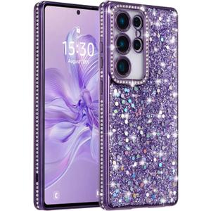 FABSPARK Case for Samsung Galaxy S23 Ultra,Glitter Crystal Diamond Rhinestone Sequin Shiny Bling Sparkly Glossy Luxury Electroplated,Aesthetic Cute Full Protection for Samsung Galaxy S23 Ultra,Purple