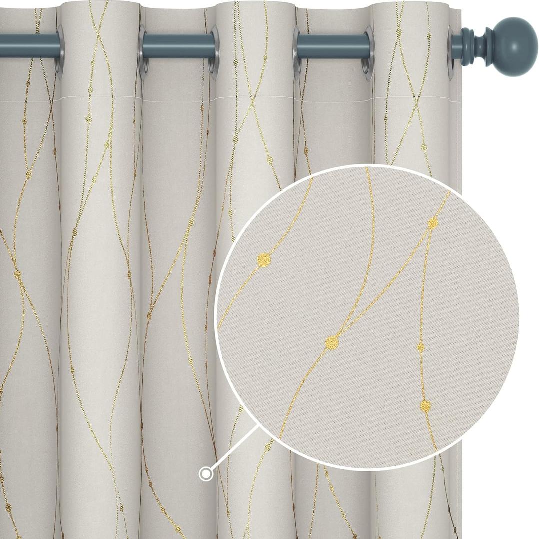 Deconovo Blackout Curtains 2 Panels for Bedroom and Living Room, Gold Foil Wave Lines and Dots, Thermal Insulated Room Darkening Grommet Window Drapes for Nursery and Kids Room, Beige, 52W x 72L Inch