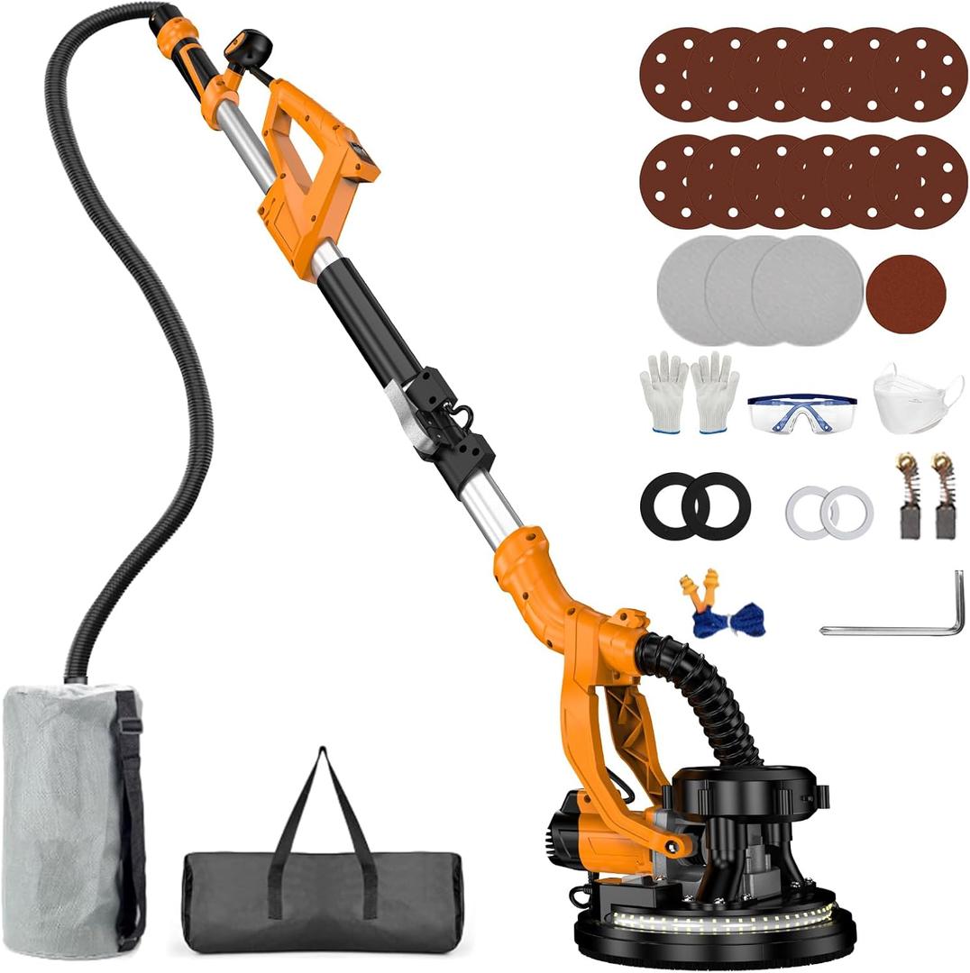 Drywall Sander with Vacuum Dust Collector, LED Light, 9 Variable Speed, Collapsible & Extendable Handle, Popcorn Ceiling Removal Tool, Drywall Sander with Vacuum for Wall Texture Elimination