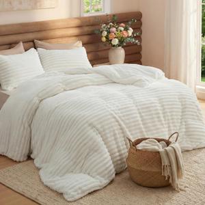 Bedsure Comforter Set Queen Size - GentleSoft 3 Pieces Double-Side Fleece Fluffy White Comforter Set, Cozy Striped Room Decor Aesthetic, Luxury Bedding Queen Size, 2 Pillowcases, 90x90 Inches