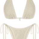 ZAFUL Women's Triangle Bikini Multiway Fishnet Tie Side Bandeau Halter String Bikini Set Two Piece Swimsuit Bathing Suits (Beige, S)