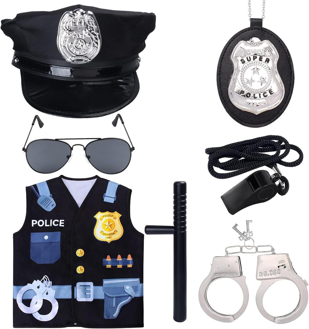 Kids Police Costume Set-7 Pcs Police Officer Dress Up for boys-Hat,Vest, Badge,Whistle,Sunglasses,Handcuff,Baton