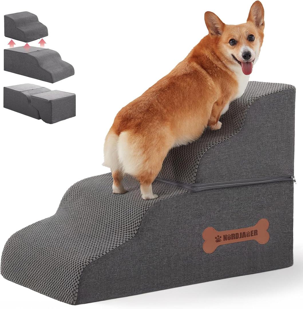 Dog Stairs 4 Steps for Small Dogs and Cats to Get on High Beds, Couch or Car, Pets Can Climb, Sit, Lie Down or Perch to Look Out Windows on The Spliceable Ramp, Provides Support, Grey19" H