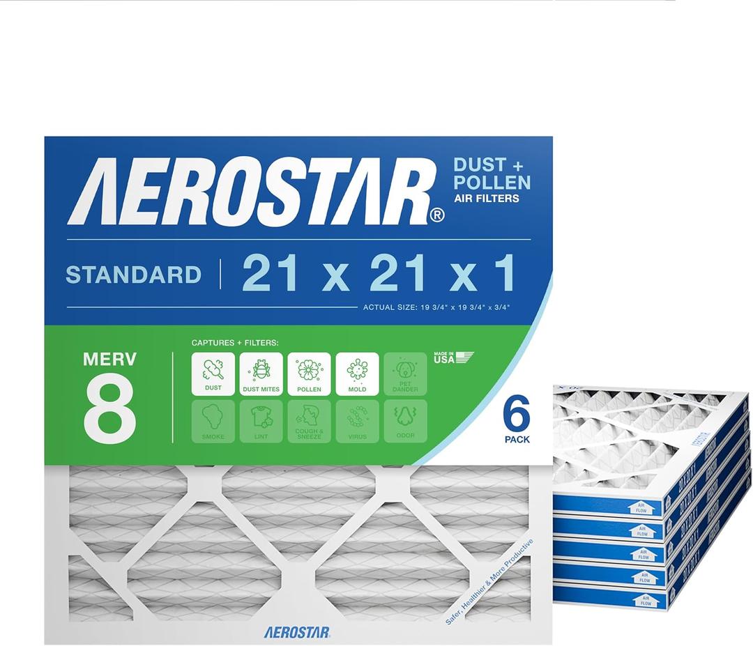 Aerostar 21x21x1 MERV 8 Pleated Air Filter, AC Furnace Air Filter, 6 Pack (Actual Size: 20 7/8" x 20 7/8" x 3/4")