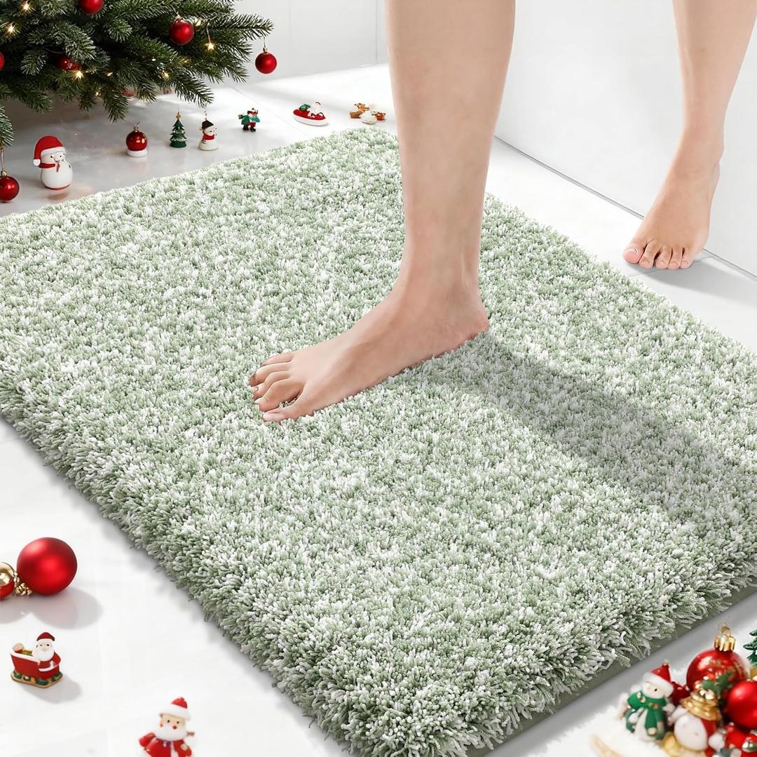 Yimobra Bathroom Rugs for Home Essentials, Non Slip Washable Bath Mat, Soft Water Absorbent Plush Shower Rug for Bathroom Floor, Bath Decor Accessories, 24x17, Light Green White