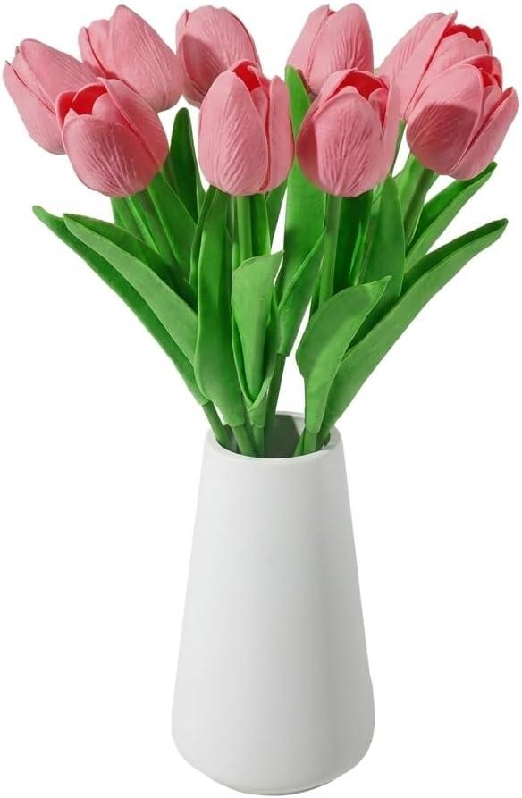 Real-Touch Artificial Tulips with Ceramic Vase, 10 Stems Faux Floral Arrangement, Spring Table Centerpiece, Modern Farmhouse Home Decor (Pink +vase)