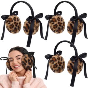 3 Pack Winter Leopard Ear Muffs Gifts for Women Leopard Ear Coverings with Satin Bow Cheetah Soft Earmuff Faux Fur Gifts for Woman Friends Family Coworker Winter Outdoor Cold Weather Warmer