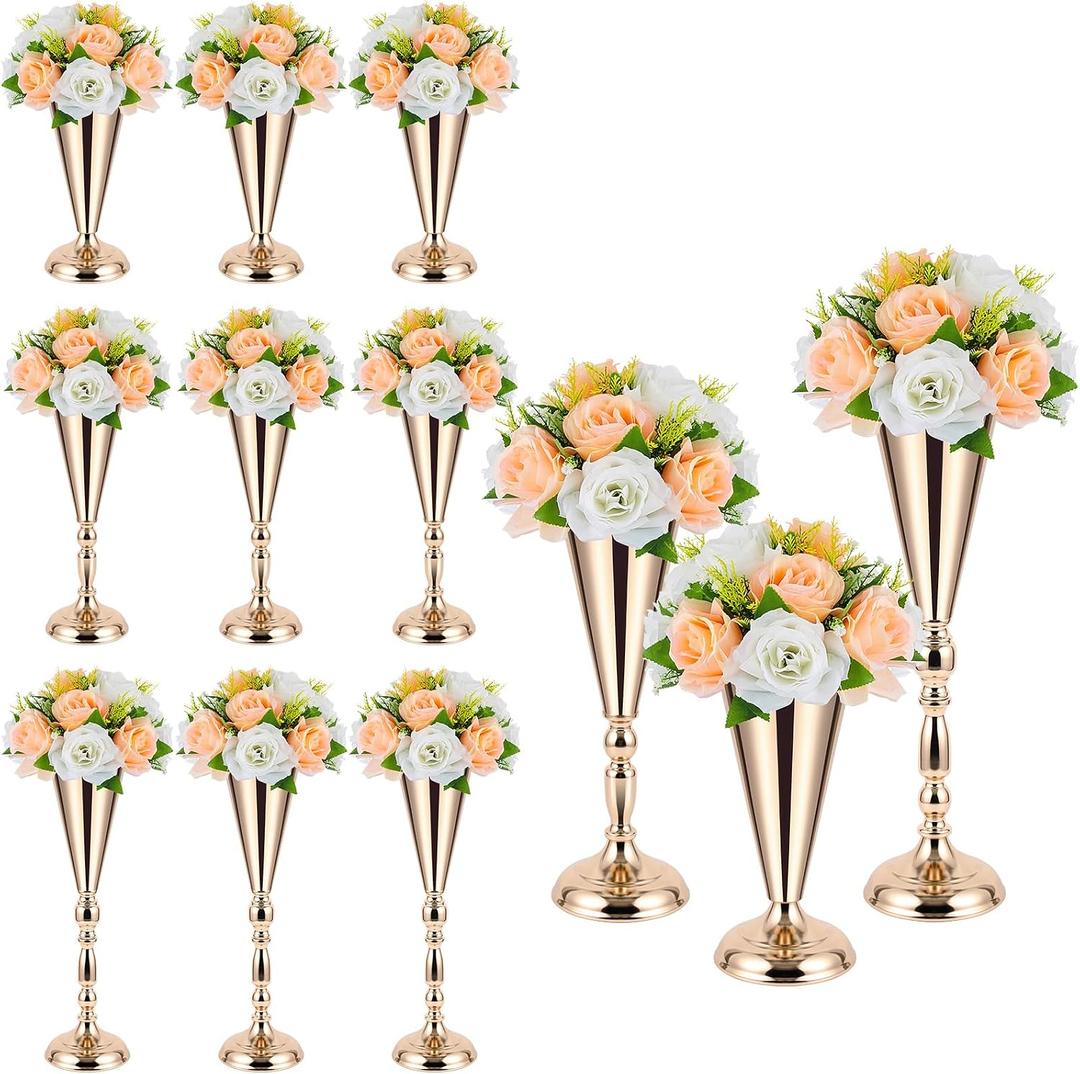 Boao 12 Pcs Gold Vase Flower Wedding Centerpieces for Tables, 16.5'' 14'' 10'' Metal Trumpet Vases for Centerpieces Table Decorations for Wedding Anniversary Ceremony Party Birthday Reception Decor