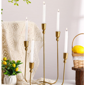 Newtay  5-Candle Cast Iron Tabletop Candelabra Christmas Metal Candlestick Holder 17 Inch 5 Candle Candlestick Holder for Christmas Table Mantel Dinner Wedding Gift (Candle Not Included) (Gold)
