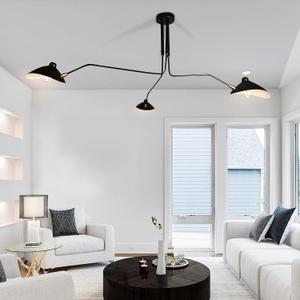 63" Mid-Century Modern Chandelier, Matt Black Adjustable 3-Arms Large Pendant Lighting Fixture for Bedroom Dining Room Living Room Kitchen Island 3-Light