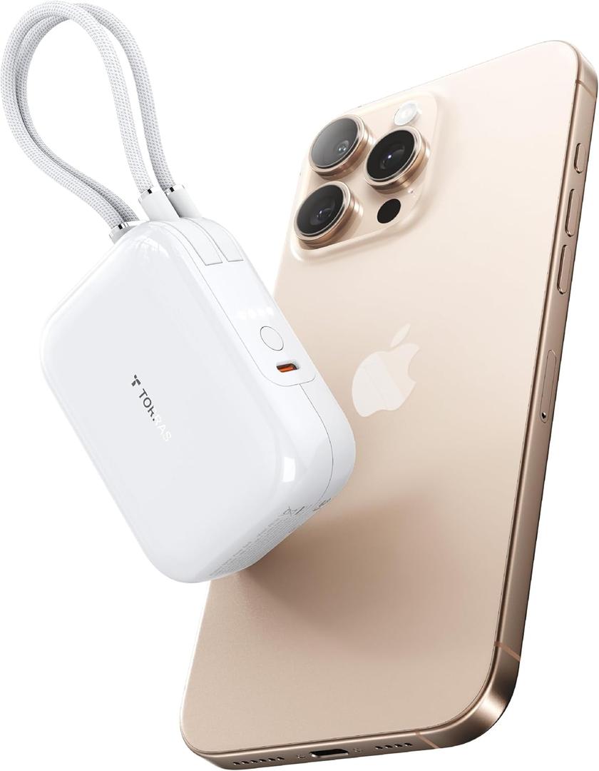 TORRAS Portable Charger Power Bank, 45W Fast Charging, 10000mah [Travel Friendly] Built in USB C Cable Mini Battery Pack, Travel Essential Compatible with iPhone 16 15 Series, Samsung, Android Phone (White)