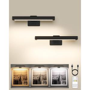 EZVALO Picture Light for Wall, Rechargeable 2400mAh Battery Lights Wireless with IR Remote, 3 Color & Dimmable Magnetic 7.87'' LED Lights Display for Painting, Living Room, Gallery, Bedroom (Black-2P)