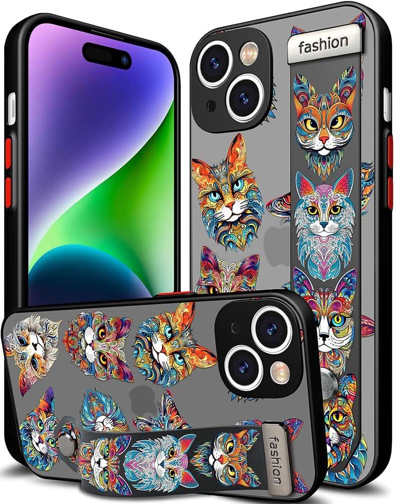 Compatible for iPhone 14 Case Cute with Strap Stand Finger Kickstand, Designer Cool Silicone Cases Funda Cover - Blue Cats Ethnic