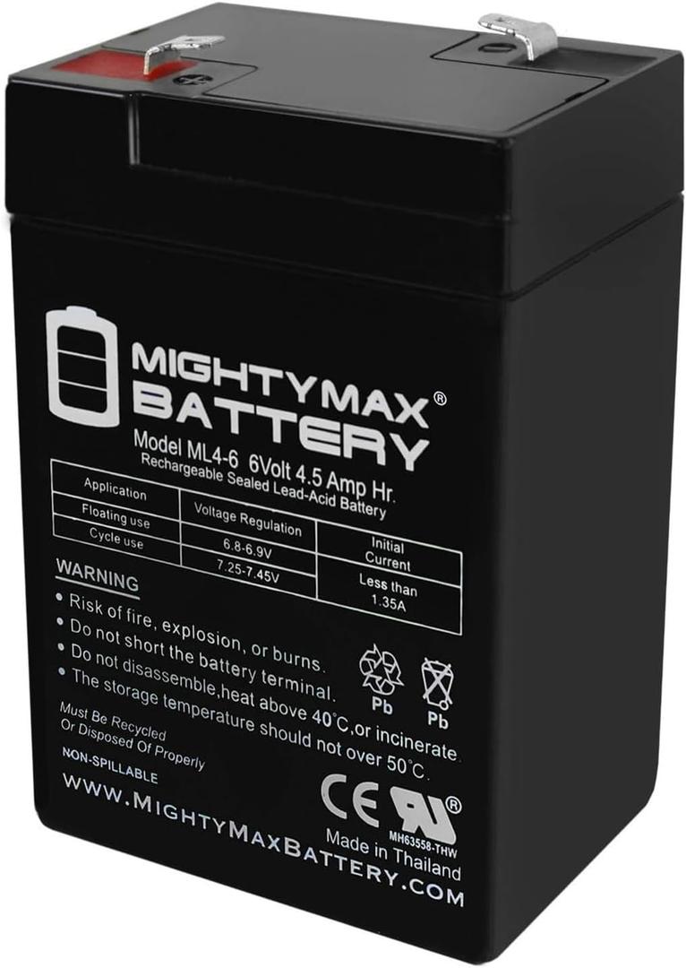Mighty Max Battery ML4-6 - 6 Volt 4.5 AH, F1 Terminal, Rechargeable SLA AGM Battery