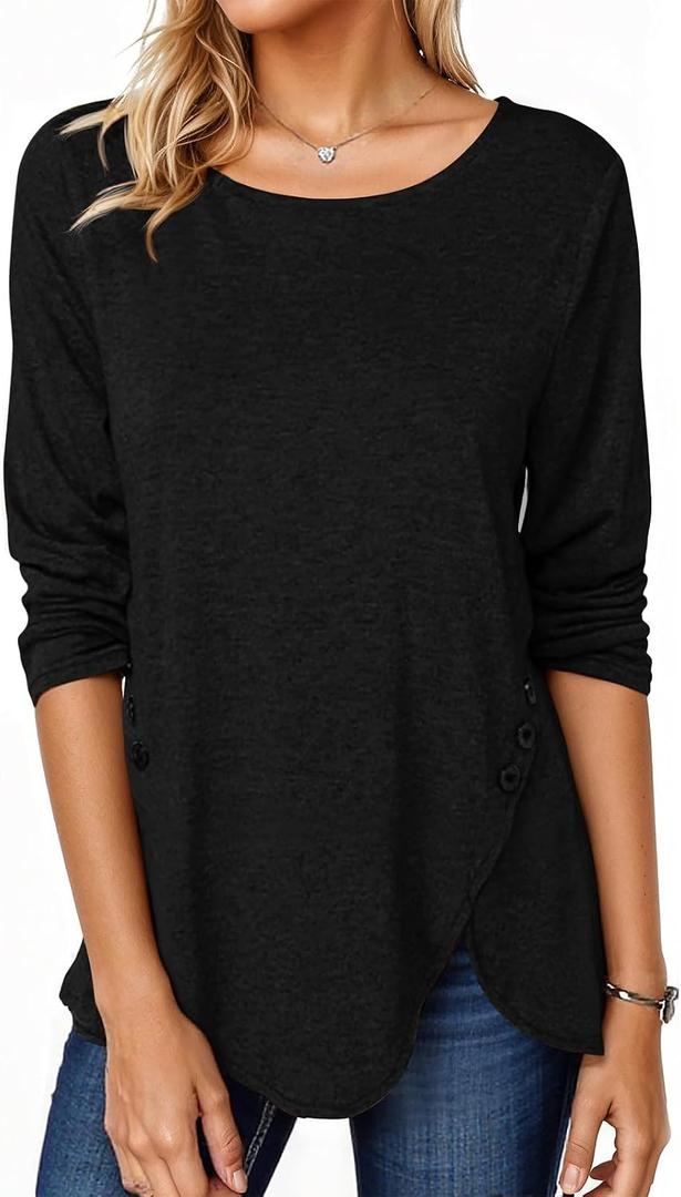 Fisoew Womens Casual Long Sleeve Tunic Tops Round Neck Shirt Button Side Basic Tees Wearring with Leggings (Black, L)