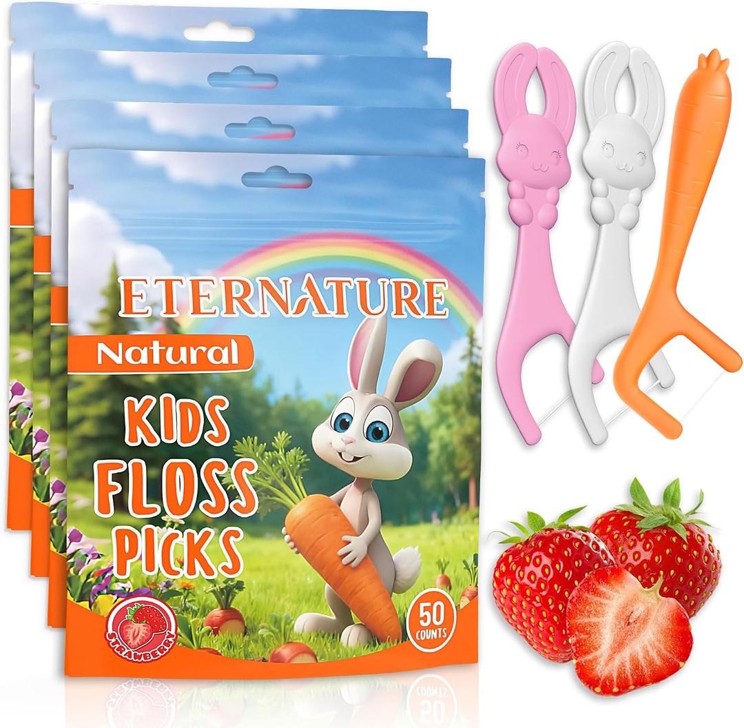 2Kids Flossers 200ct, Strawberry Flavored Bunny & Carrot Dental Floss Picks for Toddlers, Easy-to-Hold Biodegradable Flossers, BPA & Fluoride Free