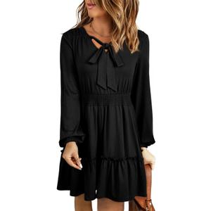 BLENCOT Womens Long Sleeve V Neck Tunic Dress Casual Loose Flowy Mini Tiered Swing Shift Dresses Black Medium