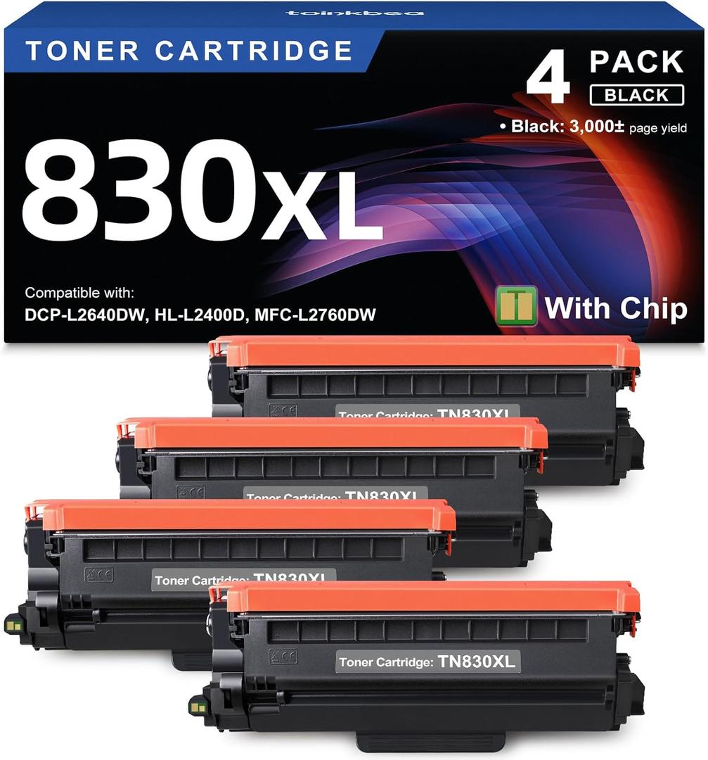 TN830XL Black Toner Cartridge Ink for HL-L2460DW Printer Replacement for Brother TN830 XL TN830 TN-830 Toner Set for DCP-L2640DW HL-L2460DWXL HL-L2405W MFC-L2820DW MFC-L2820DWXL, 4PK (with Chip)