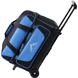 Double Roller 2 Ball Bowling Bag with Separate Shoe Compartment for Bowling Shoes (Up To US Men's Size 15) and Oversized Accessory Pocket, Retractable Handle - Extends to 40" (Black-Blue)