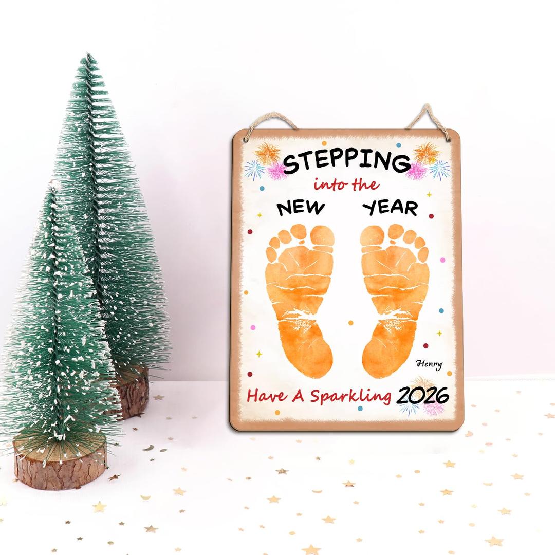 DIY Wooden Baby's First New Year Footprint Hanging Sign Decor, Stepping Into The New Year Sign, My 1st Xmas New Year Footprint Art Craft Keepsake from Kids Newborn, Holiday Craft Gift, School Activity