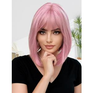 Mairead Pink Bob Wig With Bangs Short Straight Bob Wig for Women 12 inch SyntheticHeat Resistant Color Light pink Wigs for Halloween Costumes Cosplay Daily(Pink)