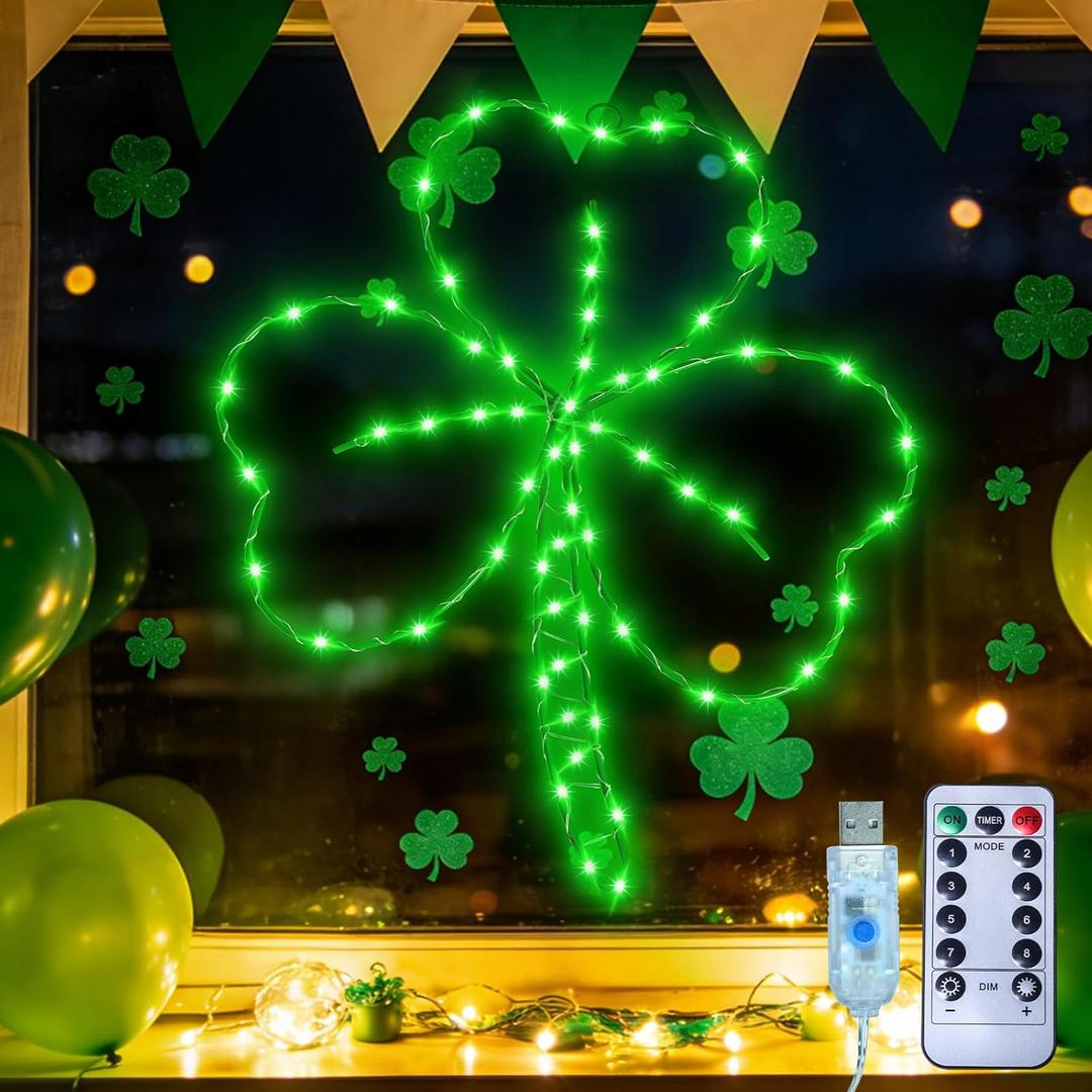 St Patricks Day Decoration Window Lights, 13.2" Lighted Green Clover Shamrock Silhouette with 8 Modes, USB Powered & Remote Control, Timer St Patrick's Day Shamrock LED Lights for Home Wall Indoor