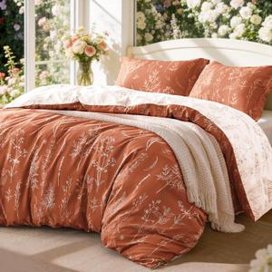 Love's cabin Terracotta Comforter Set King - King Size Comforter Set, 3 Pieces Cute Floral Bedding Sets for All Seasons,1 Soft Reversible Botanical Flowers Comforter and 2 Pillow Shams