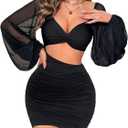 GothDark Women's Sexy Cut Out Bodycon Mesh Mini Dress Sweetheart Neck Sheer Puff Sleeve Party Club Night Out Outfits (Medium, Black)