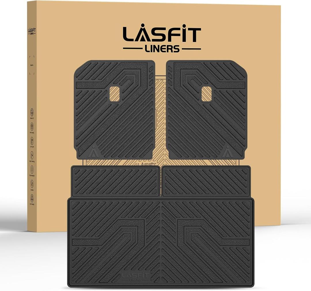 LASFIT Trunk Mat & Backrest Mats for Rivian R1S 2025 2024 2023 2022, All Weather TPE Custom Fit Cargo Liner for R1S Cargo Mat, Black, Easy to Clean