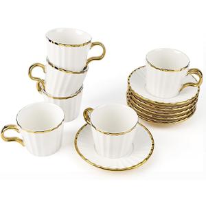 Kytree 3.2oz Ceramic Turkish Coffee Cup Set of 6, British Italian Cappuccino Cups Porcelain Espresso Cups and Saucers with Gold Trim for Double Espresso Cappuccino Latte Mocha Tea, Gold